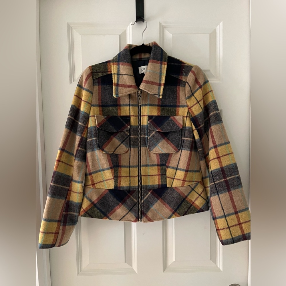 Jolt Plaid Trucker zipper Jacket - Wool Blend size Small-mustard/Blue/Red plaid